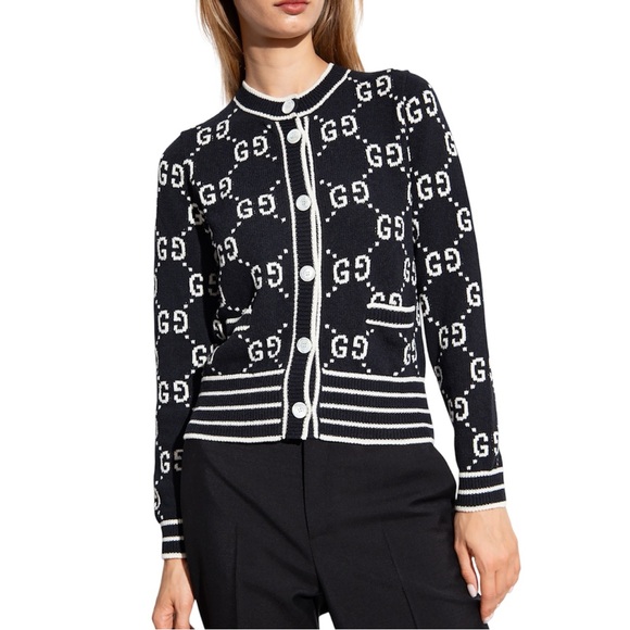 GUCCI 🙌 GG Supreme Logo Cardigan Sweater Black Ivory White Cotton XS - Picture 16 of 16
